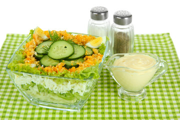 Delicious salad with eggs, cabbage and cucumbers, isolated