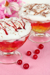 Tasty jelly in bowls on table close-up