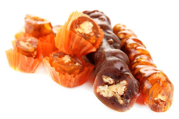 Tasty oriental sweets (churchkhela), isolated on white