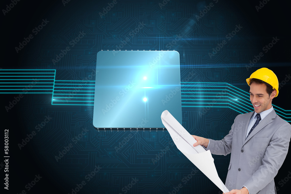 Poster Composite image of smiling architect with hard hat looking at pl