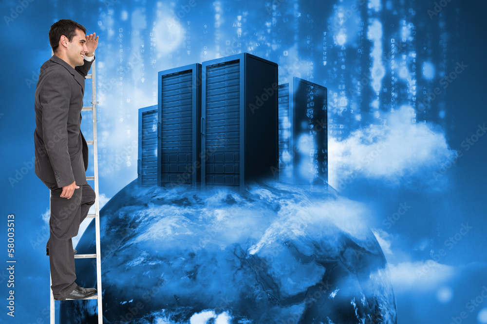 Poster composite image of happy businessman standing on ladder