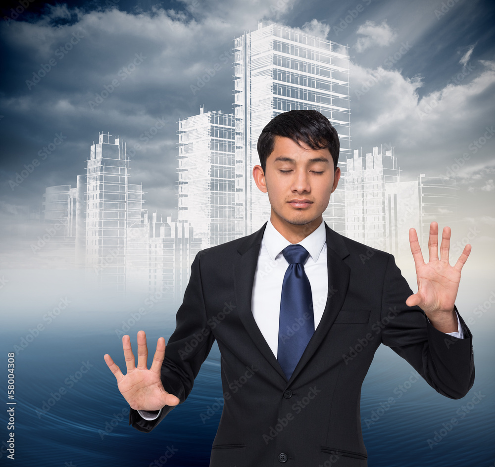 Poster composite image of unsmiling businessman touching