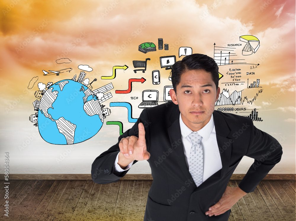 Poster composite image of unsmiling asian businessman pointing