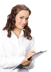 Young businesswoman with clipboard, isolated