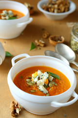pumpkin soup with blue cheese and walnuts