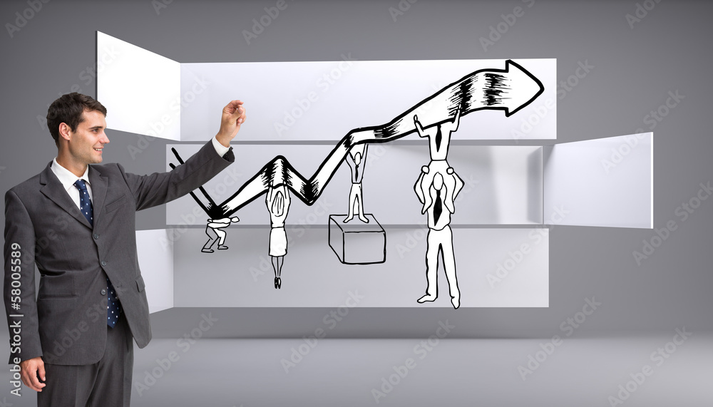 Poster Composite image of smiling businessman holding something up in t
