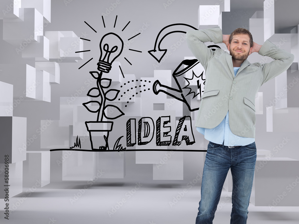 Poster composite image of suave man in a blazer with hands behind head