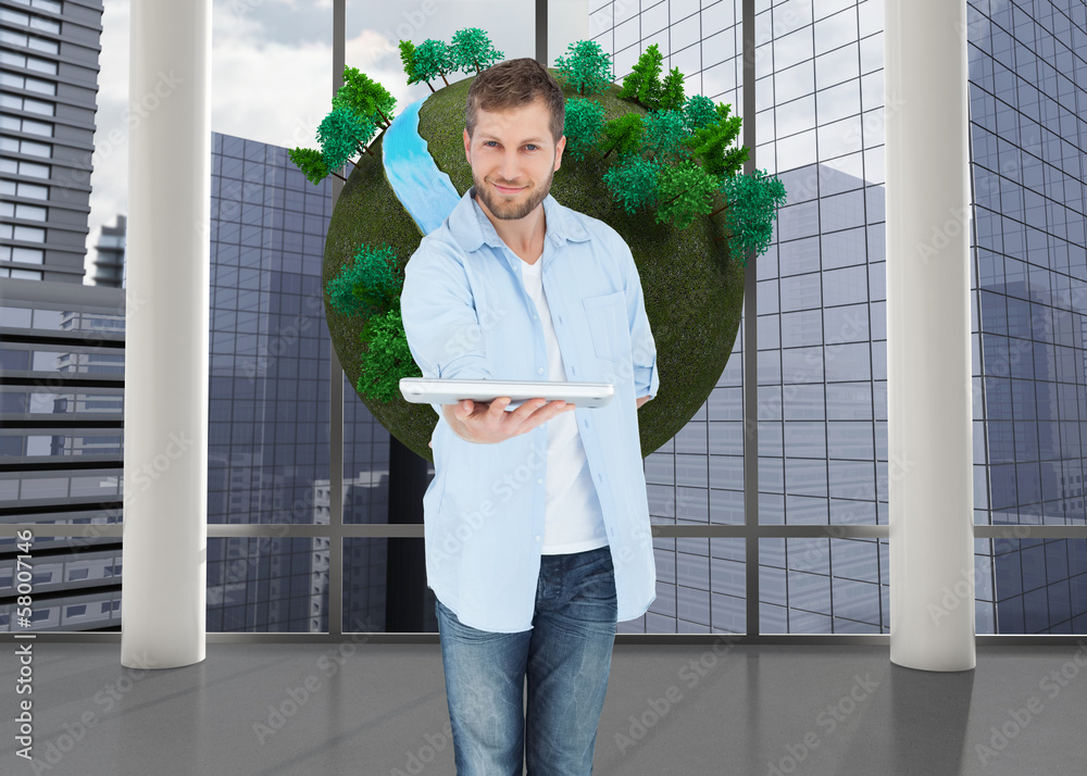 Aufkleber composite image of happy man showing laptop to camera and smilin