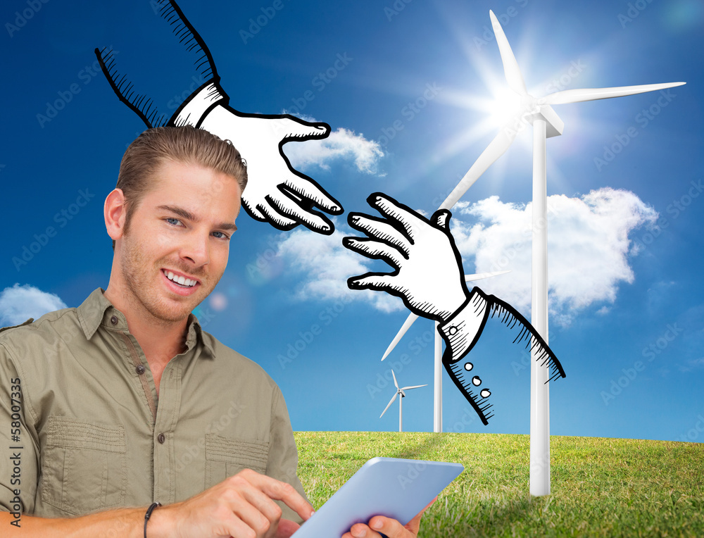 Poster composite image of happy man using tablet pc