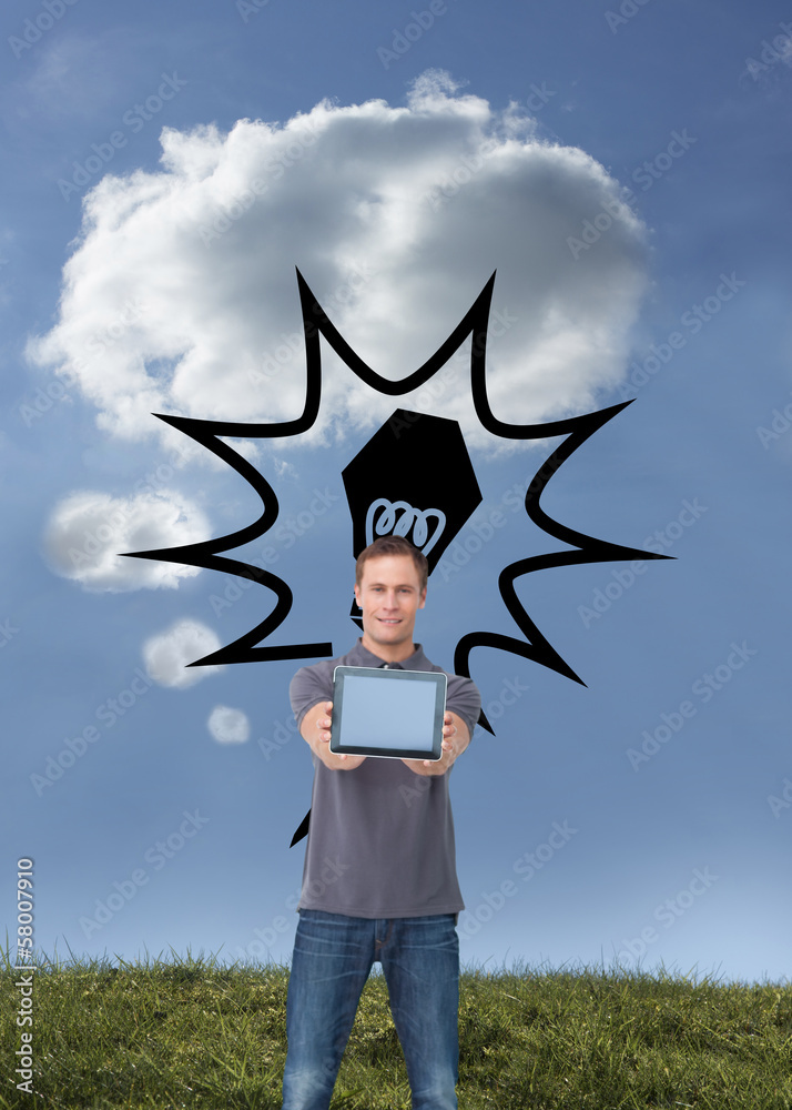 Poster Composite image of young man showing screen of his tablet comput