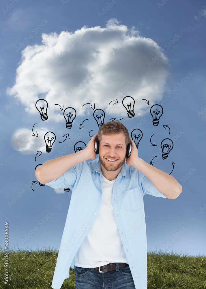 Poster composite image of trendy model listening to music and looking a