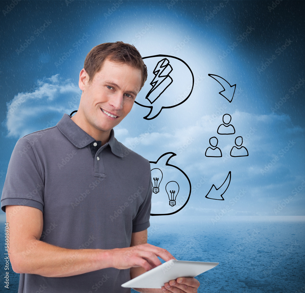 Poster Composite image of smiling young man with tablet computer