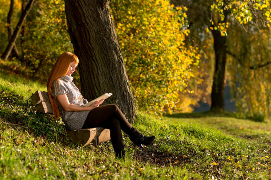 Woman read the book in autumn forest