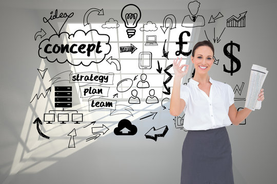 Composite image of stylish businesswoman making gesture while ho - Powered by Adobe