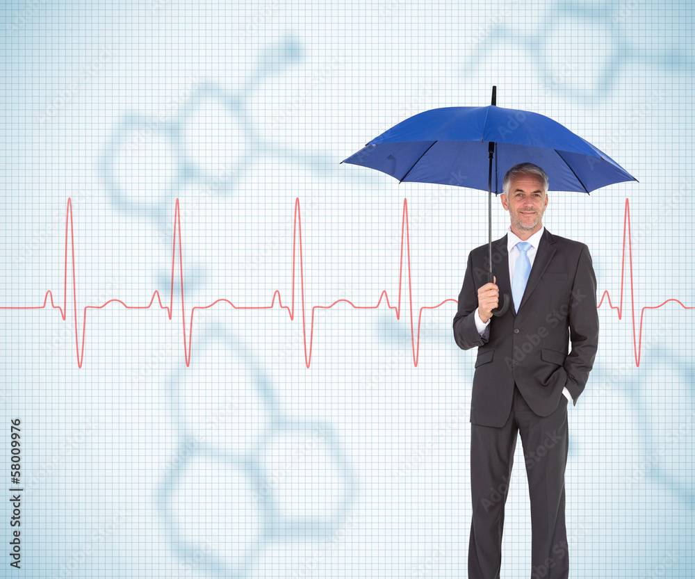 Poster composite image of businessman smiling at camera and holding blu