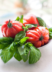 Fresh wet tomatoes and basil
