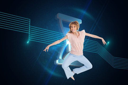 Composite image of woman jumping and opening arms