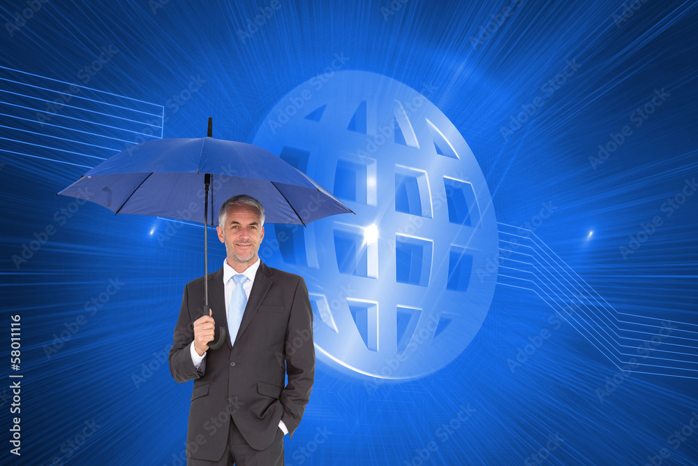 Poster Composite image of businessman smiling at camera and holding blu
