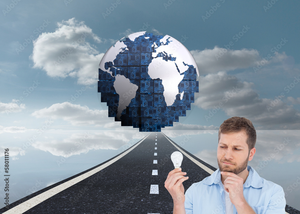 Poster composite image of sceptical model holding a bulb