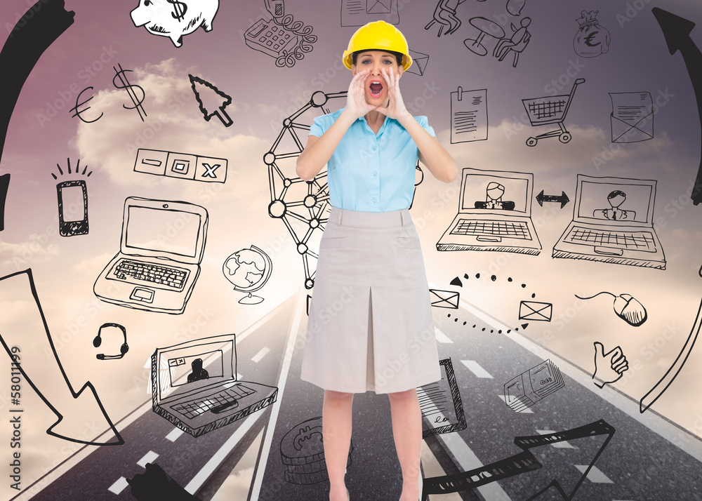 Poster Composite image of attractive architect shouting at camera