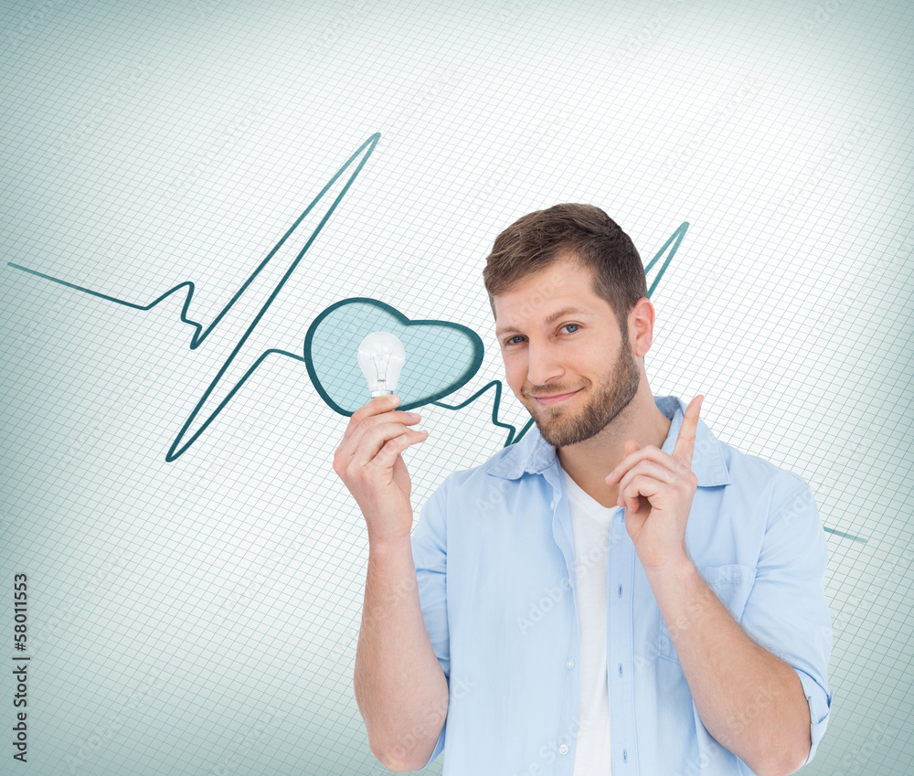 Poster composite image of charming model holding a bulb in right hand