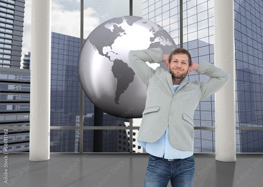 Poster composite image of suave man in a blazer with hands behind head
