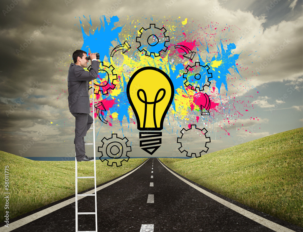 Aufkleber composite image of businessman standing on ladder using binocula