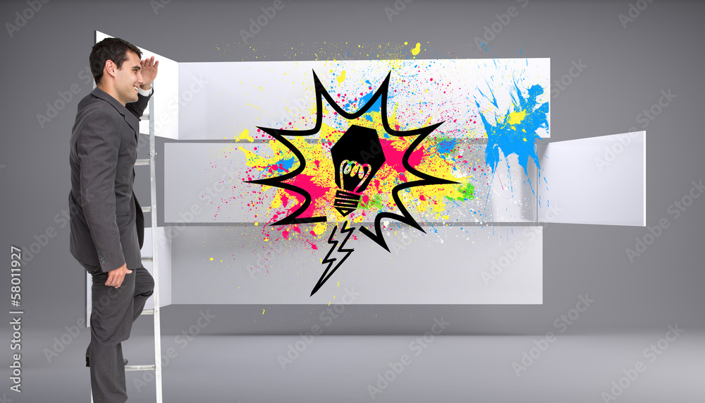 Poster composite image of happy businessman standing on ladder