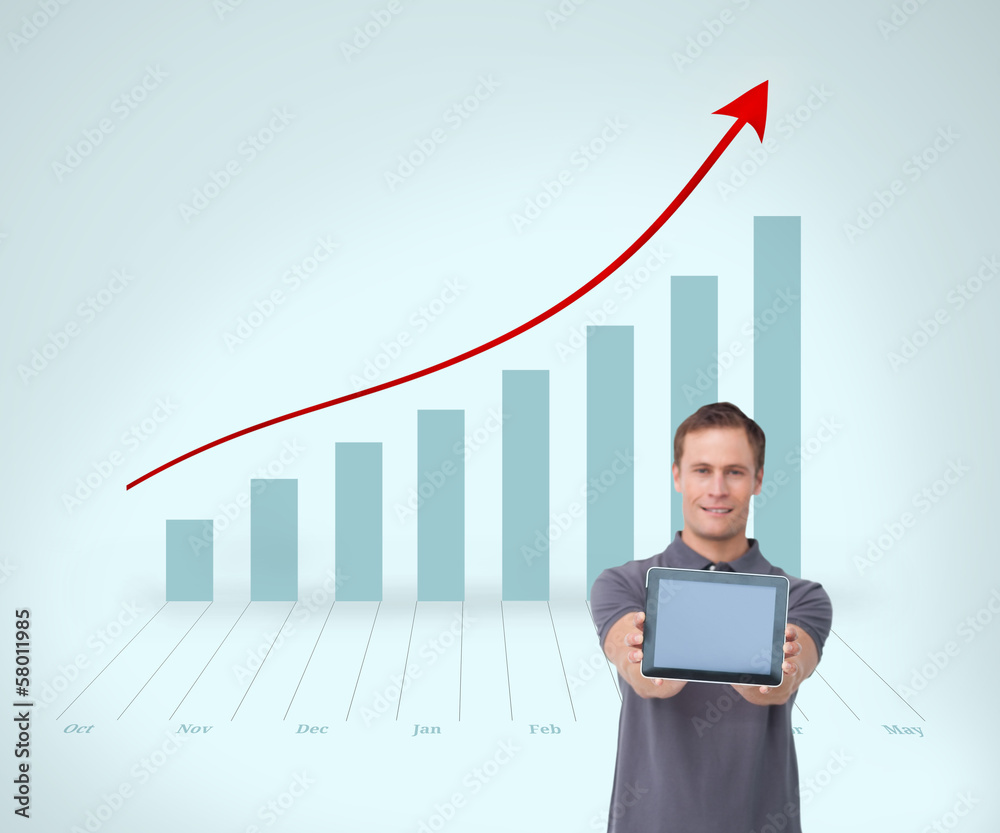 Poster Composite image of young man showing screen of his tablet comput