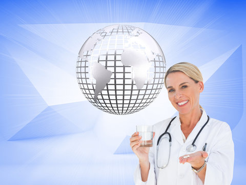 Composite image of happy doctor holding out pills and water glas - Powered by Adobe