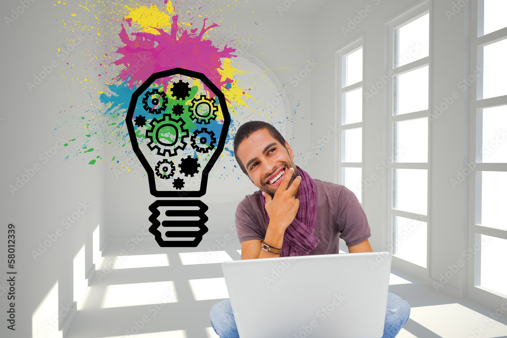 Aufkleber composite image of thinking man sitting on floor using laptop an