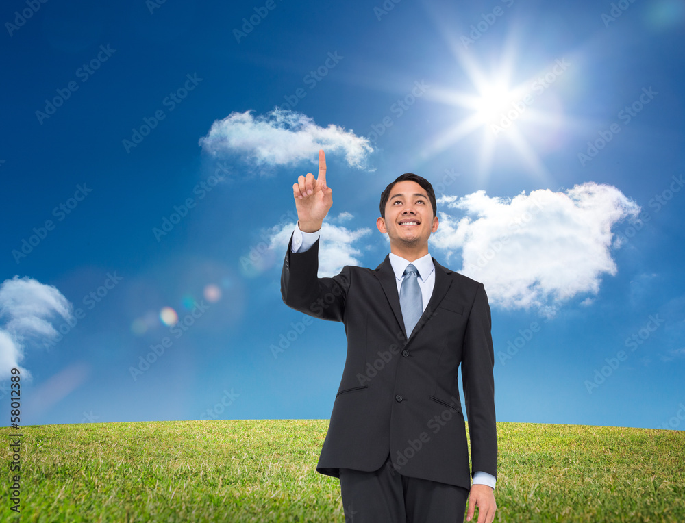 Poster composite image of smiling asian businessman pointing