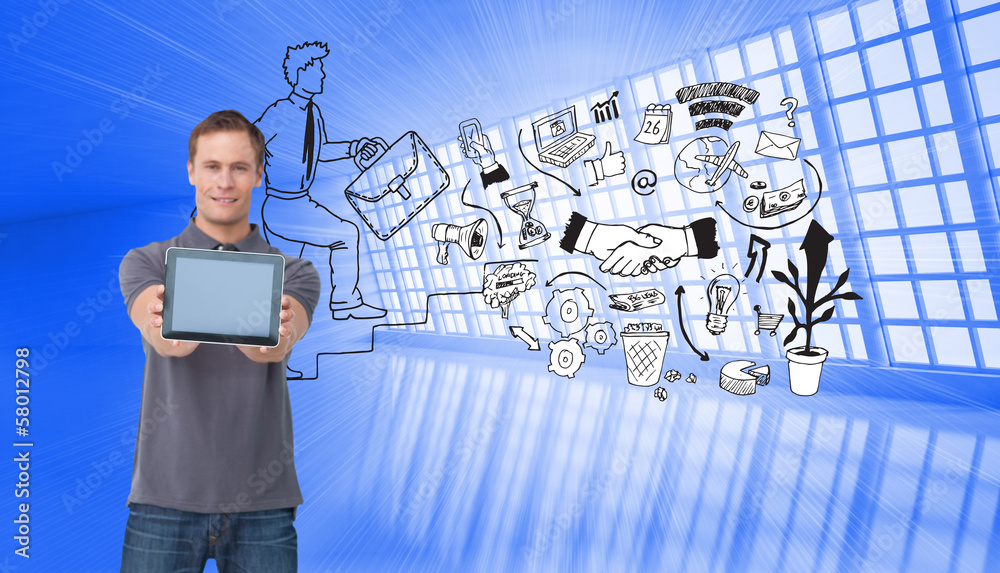 Aufkleber composite image of young man showing screen of his tablet comput