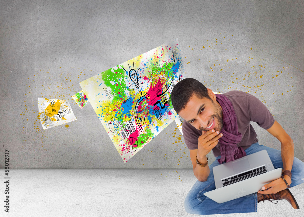 Aufkleber composite image of thoughtful man sitting on floor using laptop