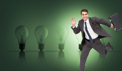 Composite image of cheerful businessman in a hury