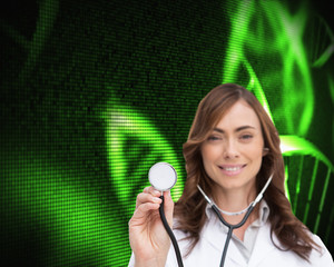 Composite image of happy doctor using stethoscope - Powered by Adobe