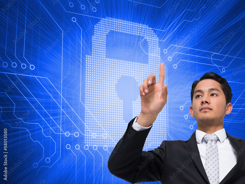 Aufkleber composite image of unsmiling asian businessman pointing