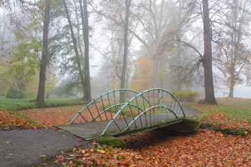 Small bridge over dry creek in misty park