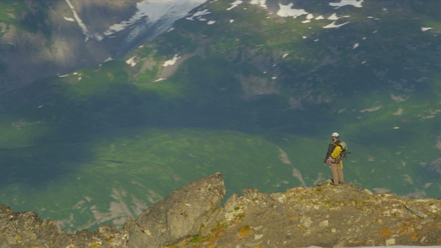 Aerial view of high Peak climber achieving success Alaska