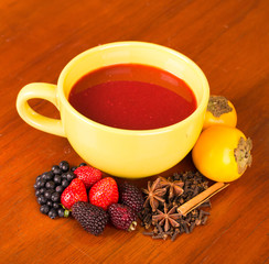 Traditional Ecuatorian dish, colada morada on yellow pot
