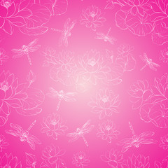 Seamless pattern lotus flower and dragonfly