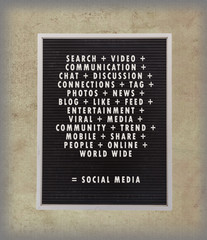 Social media concept in plastic letters on very old menu board