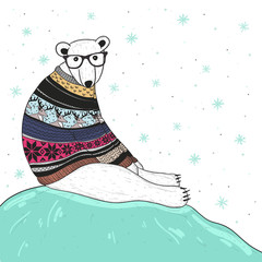Christmas card with cute hipster polar bear. Bear with fair isle