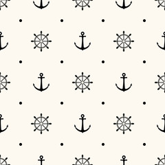 Vector seamless nautical pattern with anchors and steering wheels. Geometric minimalistic background for scrapbooking, textile, print, digital paper © svetolk