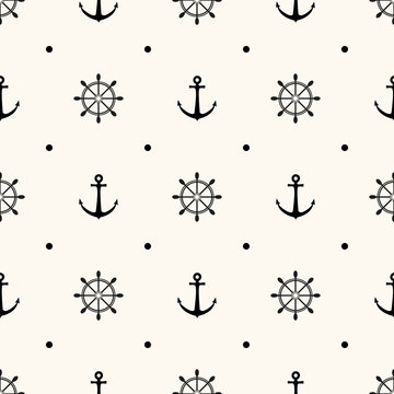 Vector seamless nautical pattern with anchors and steering wheels. Geometric minimalistic background for scrapbooking, textile, print, digital paper