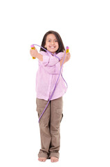 Seven years Girl with skipping rope isolated on white