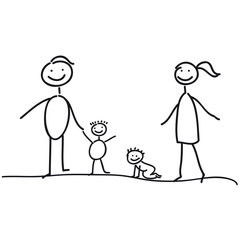 Familie - Vater - Mutter und zwei kleine Kinder, Erziehung, Generation, Elternzeit, Zufriedene Elternschaft, homeoffice, homeschooling