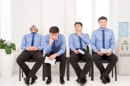 Varieties of poses man waiting for job interview. =