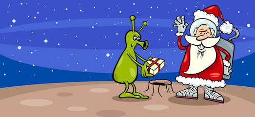 Santa with alien cartoon greeting card