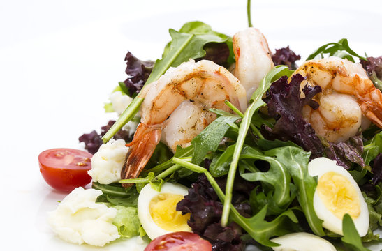 salad greens and shrimp on a white background in the restaurant